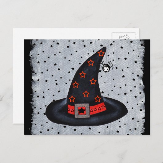 かわいいクモを星にぶら下がったする黒い魔女ハット ポストカード (正面/裏面)