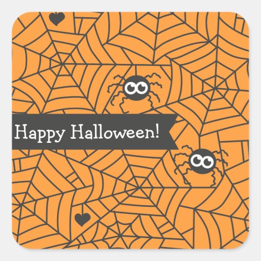 かわいいクモ、クモの巣、ハロウィン スクエアシール (正面)