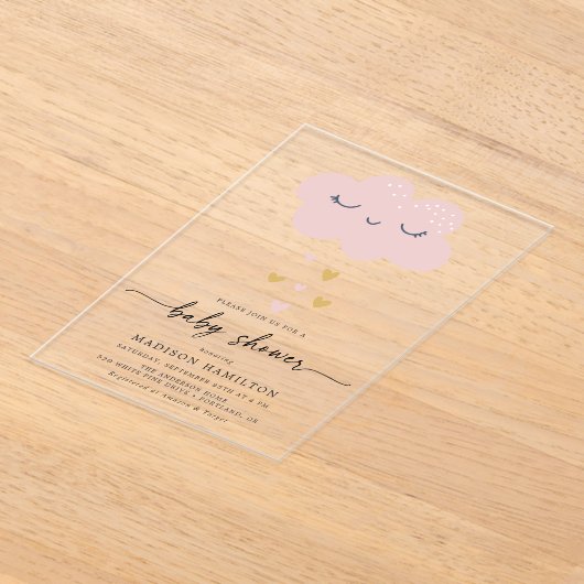 かわいいクラウドとハートピンクと金ゴールド赤ちゃんシャワー アクリル招待状 (レイダウン)