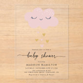 かわいいクラウドとハートピンクと金ゴールド赤ちゃんシャワー アクリル招待状 (正面)