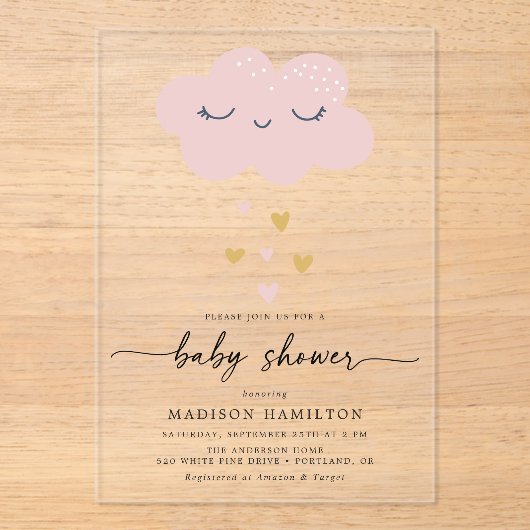かわいいクラウドとハートピンクと金ゴールド赤ちゃんシャワー アクリル招待状 (正面)