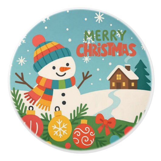 かわいいクラシックなメリークリスマスの雪だるま セラミックノブ (正面)