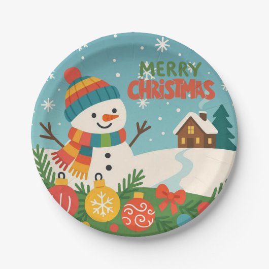 かわいいクラシックなメリークリスマスの雪だるま ペーパープレート (正面)