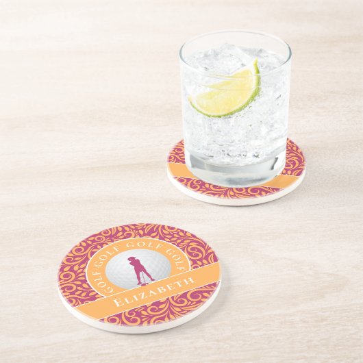 かわいいクラシックゴルファーのシルエット名ピンク・オレンジ コースター (側面)