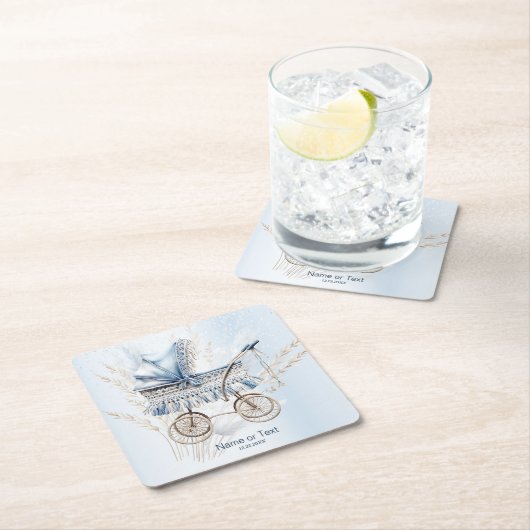 かわいいクラシックベビーベビーカー青フローラパーティー スクエアペーパーコースター (インサイチュ)