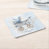 かわいいクラシックベビーベビーカー青フローラパーティー スクエアペーパーコースター (アングル)