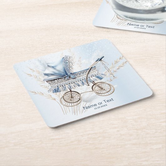 かわいいクラシックベビーベビーカー青フローラパーティー スクエアペーパーコースター (アングル)