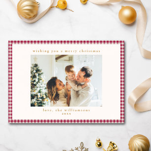 かわいいクランベリーレッドプレイドカスタムフォトクリスマス シーズンカード