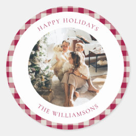 かわいいクランベリー レッド プラッドのカスタムフォト クリスマス ラウンドシール