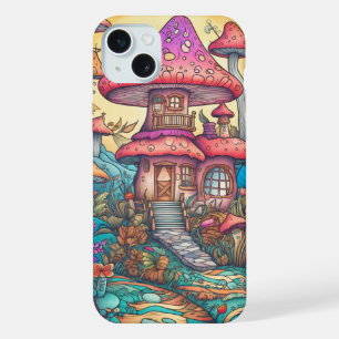 かわいいクリエイティブなキノコの小屋のイラスト iPhone 15 PLUSケース