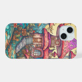 かわいいクリエイティブなキノコ小屋のイラスト iPhone 15ケース (裏面横)