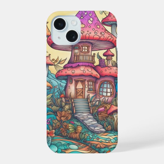 かわいいクリエイティブなキノコ小屋のイラスト iPhone 15ケース (裏面)