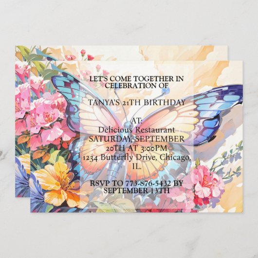 かわいいクリエイティブな蝶のアート誕生日パーティー 招待状 (正面/裏面)