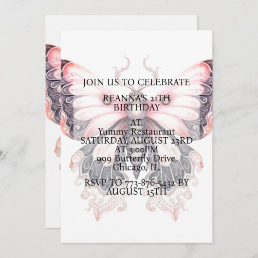 かわいいクリエイティブバタフライアートバースデーパーティー 招待状 (正面/裏面)