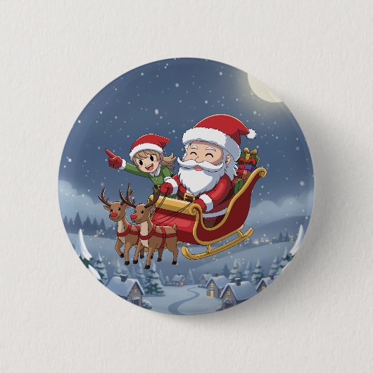かわいいクリスマスちびサンタとエルフのボタン 缶バッジ (正面)