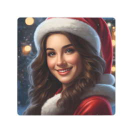 かわいいクリスマスに微笑む美少女サンタクロース メタルプリント