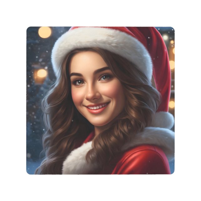 かわいいクリスマスに微笑む美少女サンタクロース メタルプリント (正面)