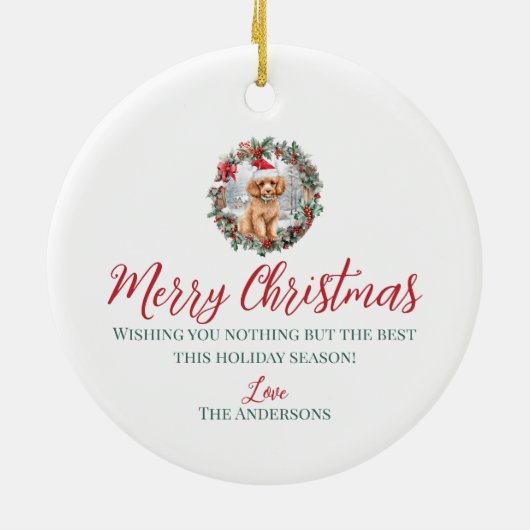 かわいいクリスマスのアプリコットプードル犬の子犬サンタハット セラミックオーナメント (裏面)