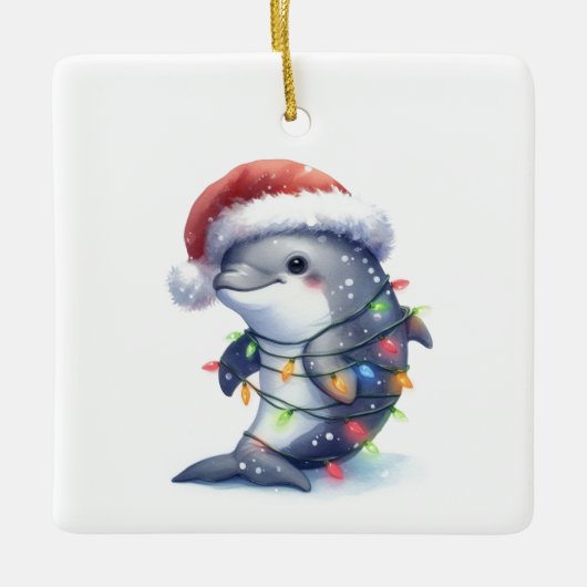 かわいいクリスマスのイルカ セラミックオーナメント (正面)