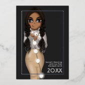 かわいいクリスマスのイルミネーションのアフリカ系アメリカ人女性 箔シーズンカード (正面)