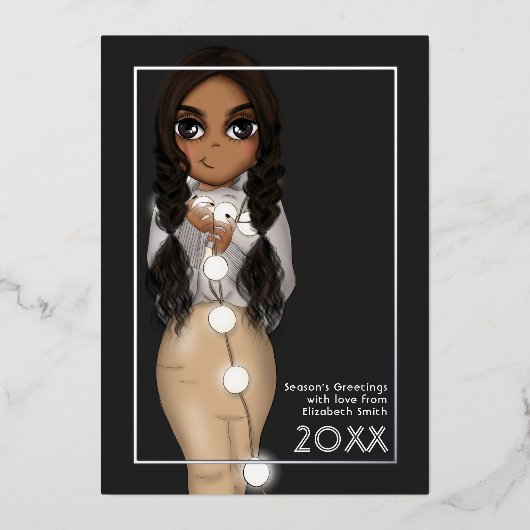 かわいいクリスマスのイルミネーションのアフリカ系アメリカ人女性 箔シーズンカード (正面)