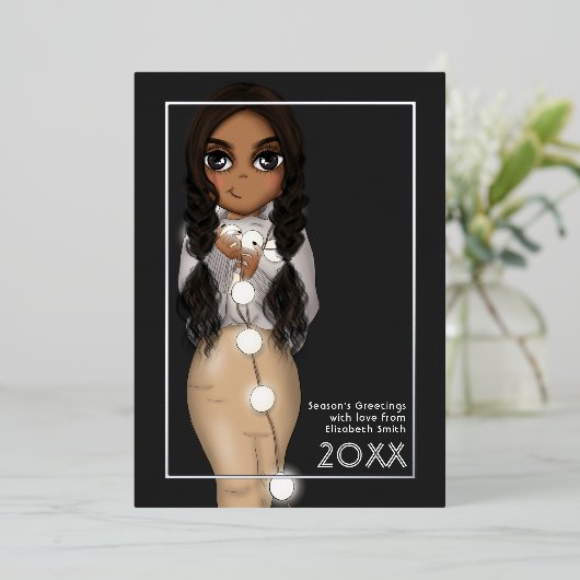 かわいいクリスマスのイルミネーションのアフリカ系アメリカ人女性 箔シーズンカード (立ち正面)