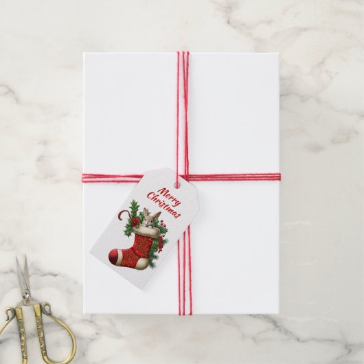 かわいいクリスマスのウサギのぞき ギフトタグ (より糸付き)