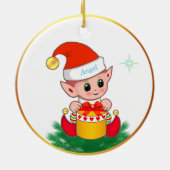 かわいいクリスマスのエルフと星（白背景） セラミックオーナメント (裏面)