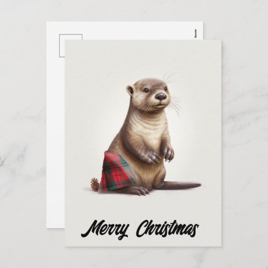 かわいいクリスマスのオッターinプレイド シーズンポストカード (正面/裏面)