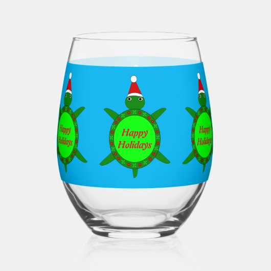 かわいいクリスマスのカメ(殻に花模様)カスタム ステムなしワイングラス (正面)