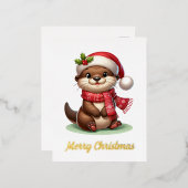 かわいいクリスマスのカワウソ 箔シーズンポストカード (正面/裏面)