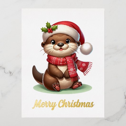かわいいクリスマスのカワウソ 箔シーズンポストカード (正面)