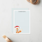 かわいいクリスマスのキツネ in サンタ帽子 ティールパーソナライズ ノートカード (正面/裏面インサイチュ)