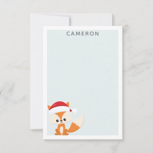 かわいいクリスマスのキツネ in サンタ帽子 ティール 個人名入れ ノートカード (正面)