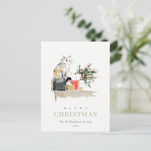 かわいいクリスマスのギフト猫のロ企業のゴ シーズンポストカード (スタンド正面)