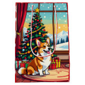 かわいいクリスマスのコーギー ミディアムペーパーバッグ (裏面)