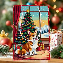 かわいいクリスマスのコーギー ミディアムペーパーバッグ