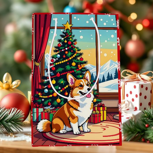 かわいいクリスマスのコーギー ミディアムペーパーバッグ