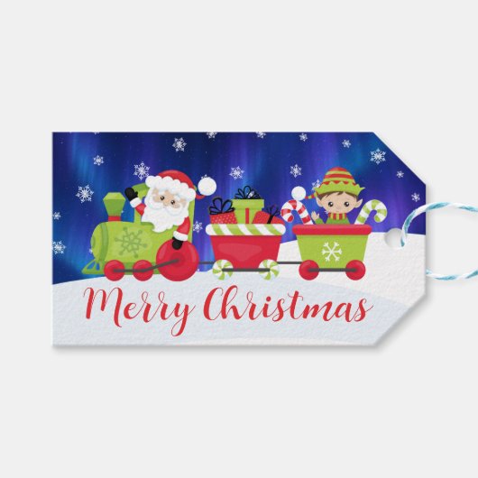 かわいいクリスマスのサンタとエルフの列車 ギフトタグ (正面(横))