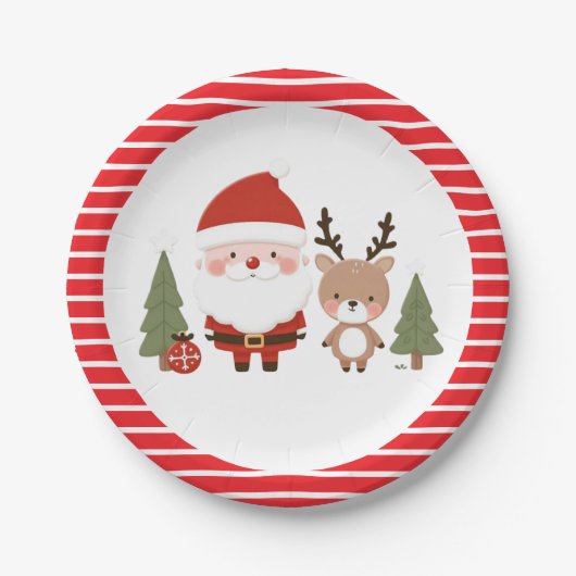 かわいいクリスマスのサンタとトナカイ ペーパープレート (正面)