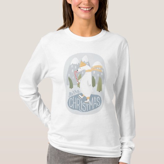 かわいいクリスマスのシロクマ。冬おもしろい動物 Tシャツ (正面)