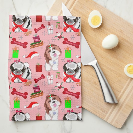 かわいいクリスマスのシーズー柄 キッチンタオル (四つ折り)