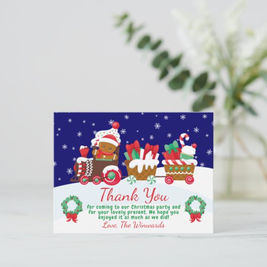 かわいいクリスマスのジンジャーブレッドトレインの感謝メッセージ ポストカード (スタンド正面)