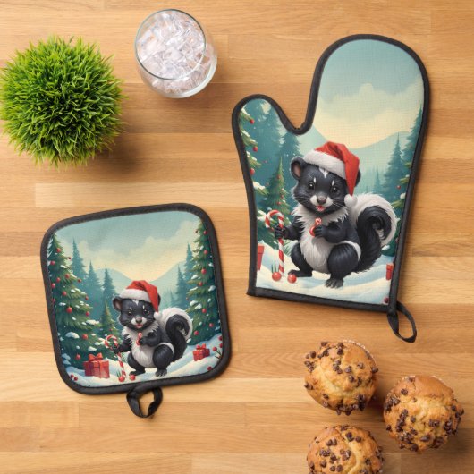 かわいいクリスマスのスカンクのキャラクター 鍋つかみ&鍋敷きセット (トップダウン)