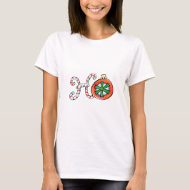 かわいいクリスマスのテキスト、キャンディーケーンの「Ho」オーナメント Tシャツ