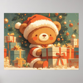 かわいいクリスマスのテディベアとプレゼント ポスター
