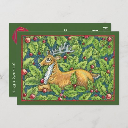 かわいいクリスマスのトナカイがホーリーのある森にいる 招待状 (正面/裏面)