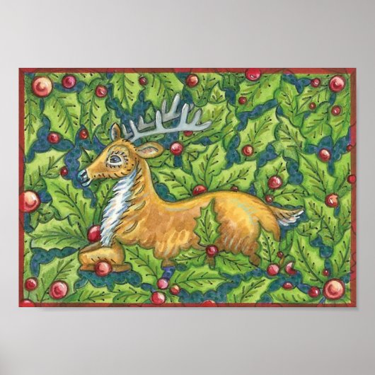 かわいいクリスマスのトナカイがホーリーの葉と赤い実のある森林で休憩中 ポスター (正面)