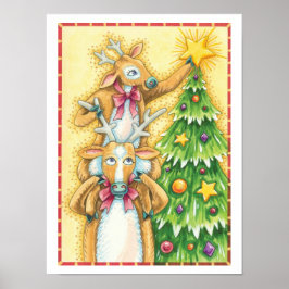 かわいいクリスマスのトナカイとクリスマスツリーの星 ポスター