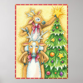 かわいいクリスマスのトナカイとクリスマスツリーの星 ポスター